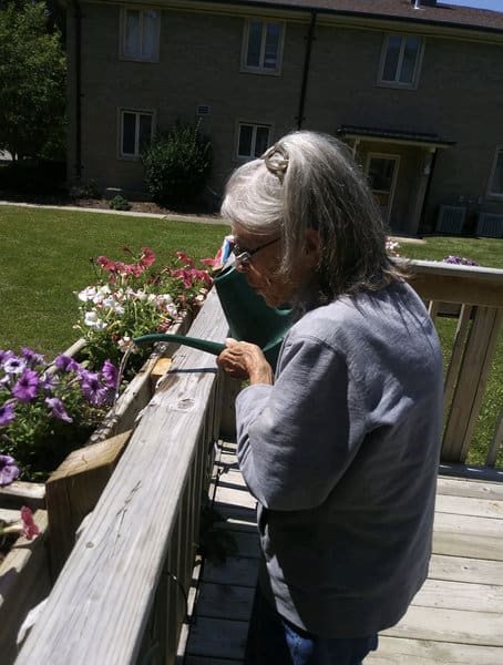 woman watering flowers at shepherd assisted living of harvard il