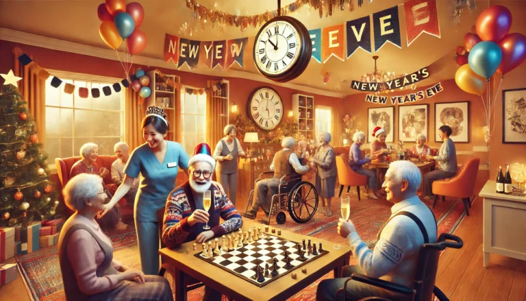 A cozy indoor setting decorated for a New Year’s Eve celebration in a senior living community. Residents are gathered, playing board games and chatting, while others enjoy sparkling juice. The room features festive decorations, including banners, streamers, balloons, and a clock showing midnight. A caregiver is assisting one resident, creating a cheerful and inclusive atmosphere. The lighting is warm, and the scene exudes joy and togetherness.