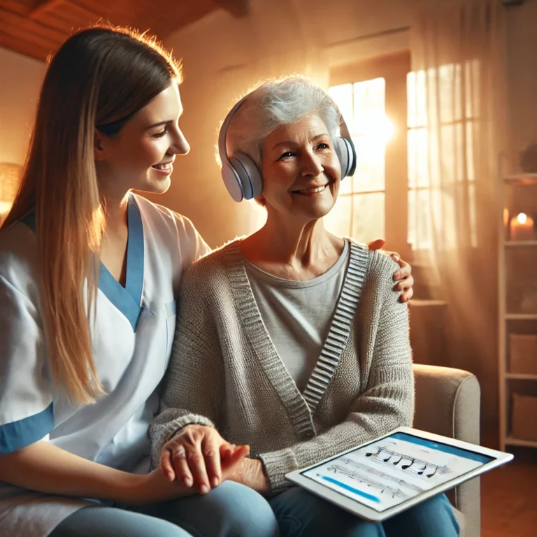 Senior woman in a memory care setting enjoying music through headphones with a caregiver smiling and holding her hand, emphasizing the therapeutic benefits of music for memory care.