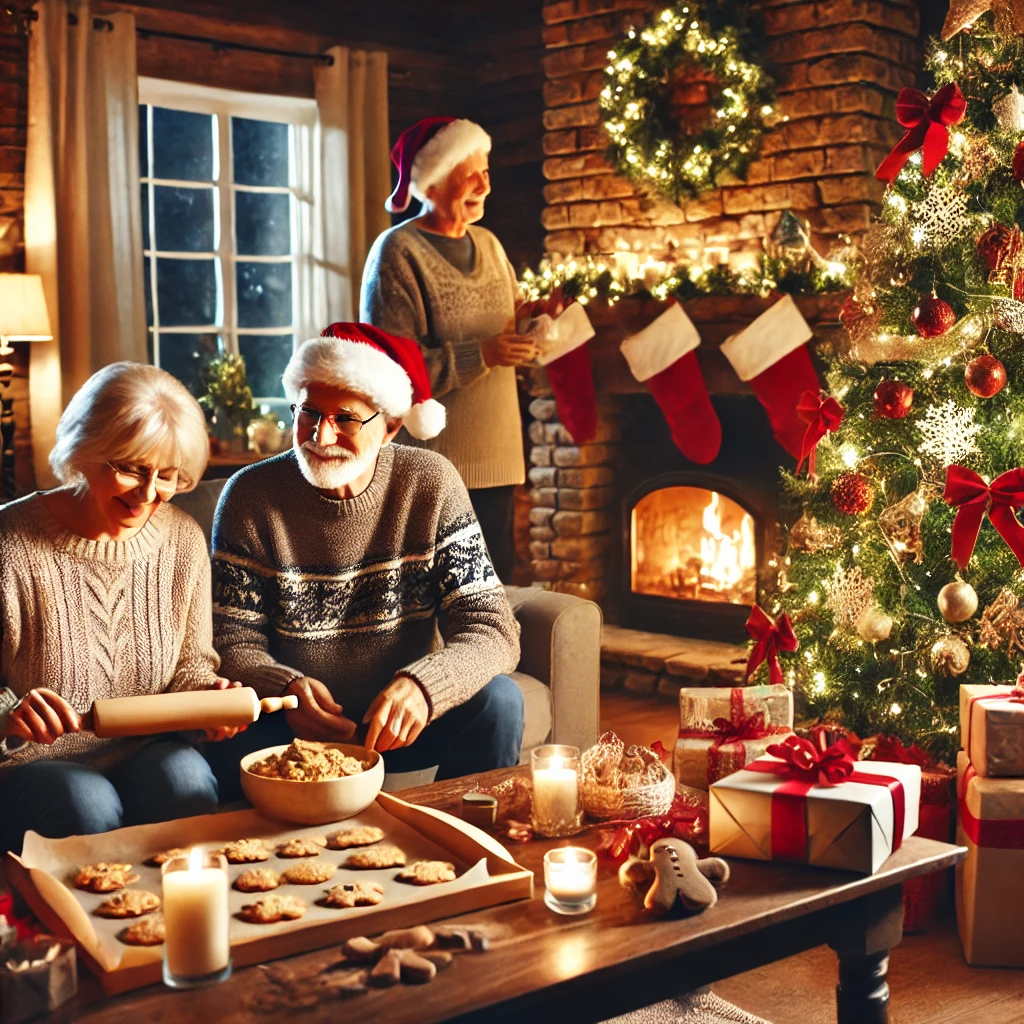 Festive holiday scene featuring seniors joyfully engaging in Christmas activities, including decorating a Christmas tree, baking cookies, and wrapping gifts in a cozy living room with a crackling fireplace and festive decorations, showcasing warmth and holiday spirit.