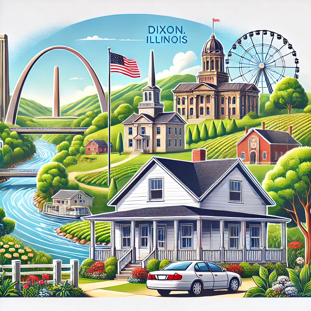 An illustration of Dixon, Illinois, showcasing iconic landmarks such as the Rock River, the Dixon Arch, and the Ronald Reagan Boyhood Home. The scene includes a cozy memory care home surrounded by lush greenery, symbolizing care and community in a peaceful, historical setting.