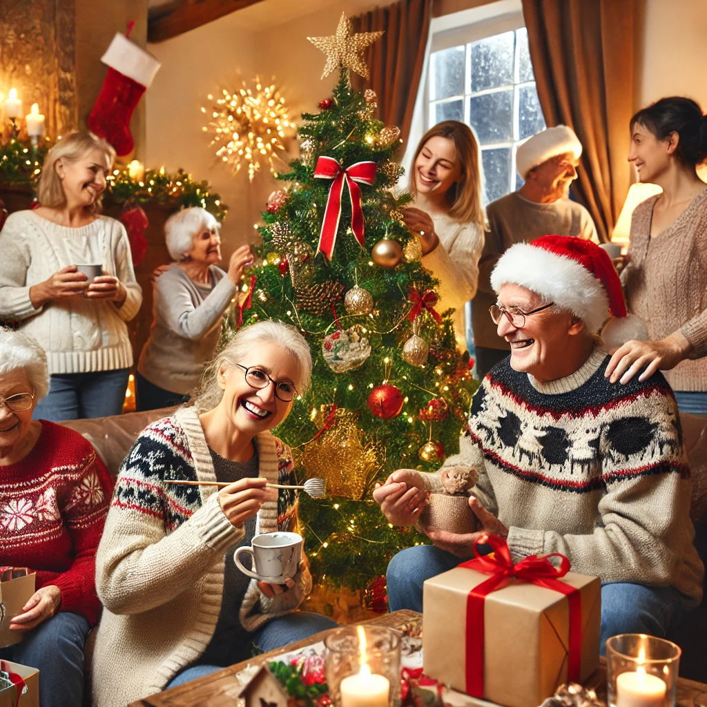 A heartwarming holiday scene inside a cozy senior living community. Residents and caregivers are joyfully decorating a Christmas tree with ornaments and lights. The room features festive decorations, including stockings, wreaths, and wrapped presents, with a glowing fireplace in the background. Some residents are crafting handmade holiday cards, while others sip on hot cocoa, creating a warm and cheerful atmosphere filled with togetherness and holiday spirit.