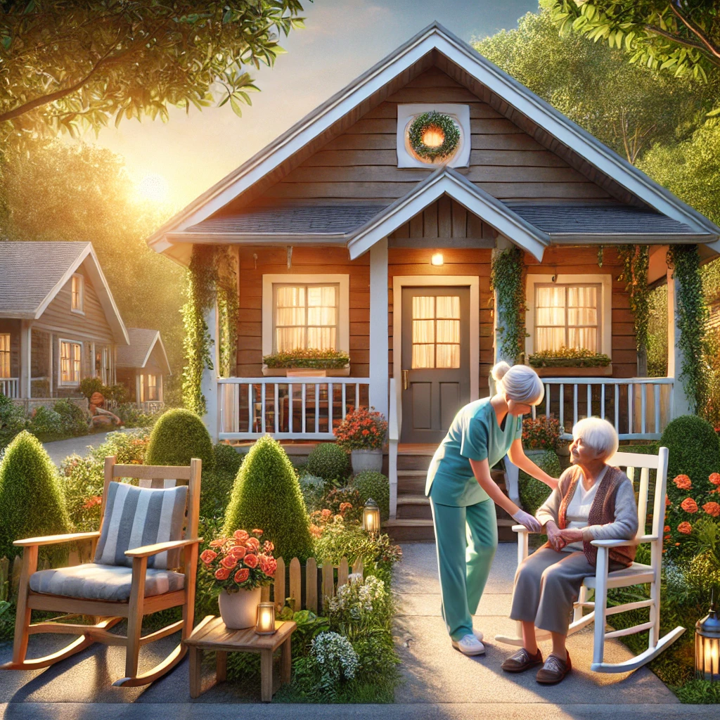 A cozy assisted living home in Crystal Lake, Illinois, featuring a warm, inviting exterior with lush greenery, a front porch with rocking chairs, and a caregiver assisting a senior resident in the garden, symbolizing comfort, safety, and personalized care in a serene setting.