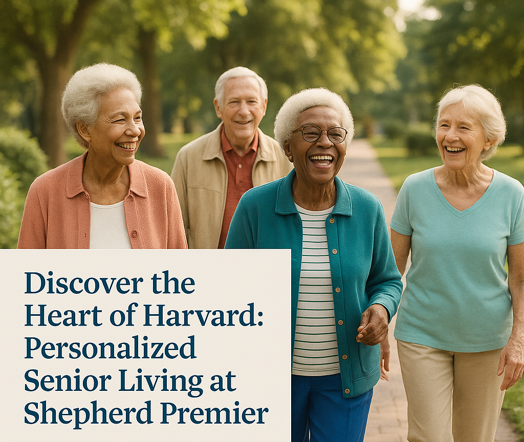 A group of happy seniors walking together outdoors in a sunny park, smiling and enjoying each other’s company, with a promotional sign for Shepherd Premier Senior Living in Harvard, Illinois highlighting personalized assisted living and memory care in a cozy, boutique environment.