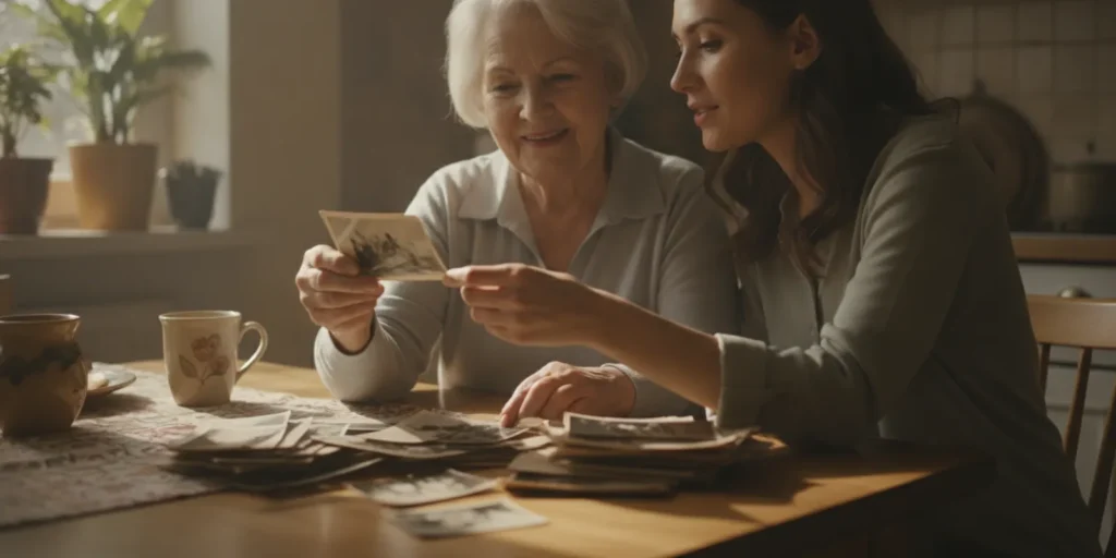 Older adult and family caregiver sharing a calm, hands-on activity at home