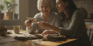 Older adult and family caregiver sharing a calm, hands-on activity at home
