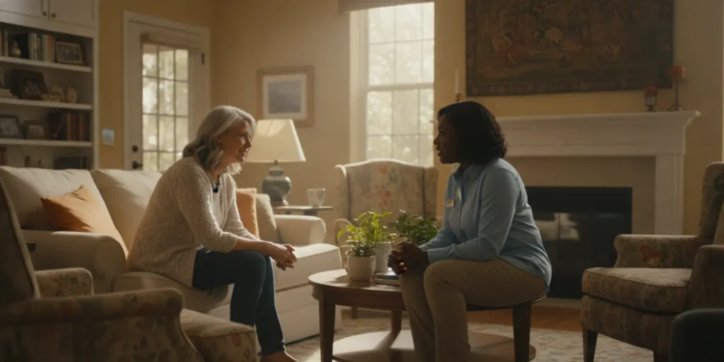 Older adult and family member talking with a senior living advisor in a comfortable home-like setting