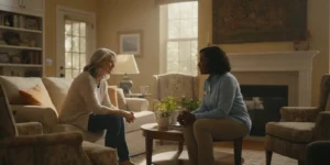 Older adult and family member talking with a senior living advisor in a comfortable home-like setting