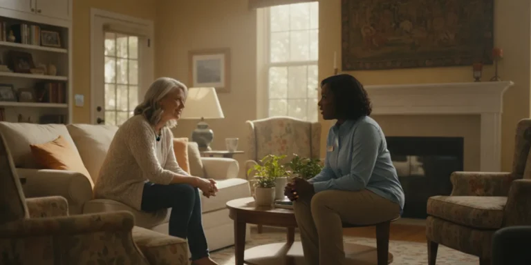 Older adult and family member talking with a senior living advisor in a comfortable home-like setting