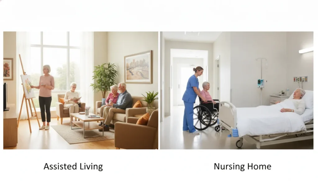 Assisted living vs. nursing home: seniors socializing beside a nurse providing care.