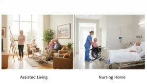 Assisted living vs. nursing home: seniors socializing beside a nurse providing care.