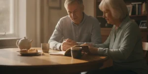 Family members talking together at home while supporting an older loved one