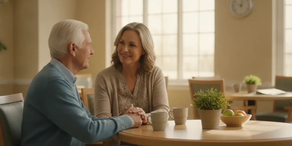 Family member and older adult having a caring conversation in a bright home-like living room