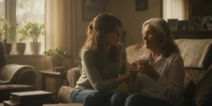 Family member talking with an older adult at home in a calm, familiar living room