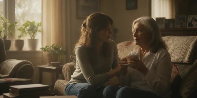 Family member talking with an older adult at home in a calm, familiar living room