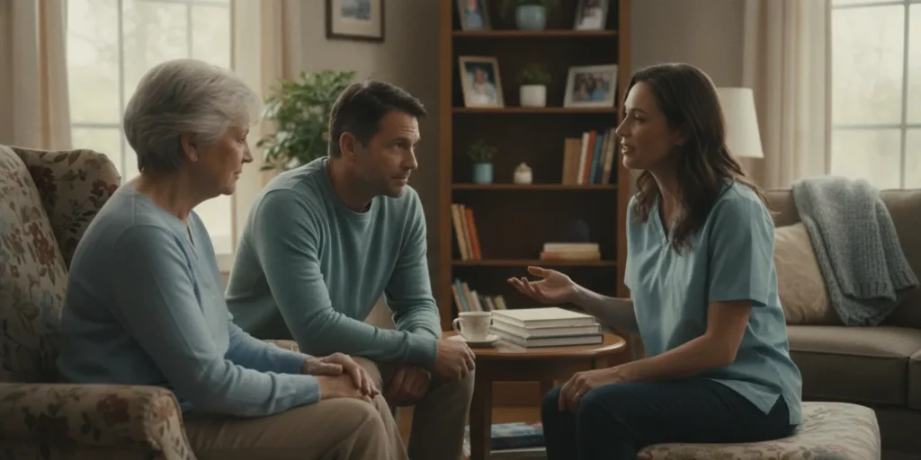 Family members speaking with a senior living advisor in a welcoming residential setting
