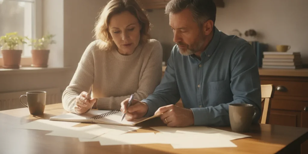 Adult siblings reviewing care notes together at a kitchen table