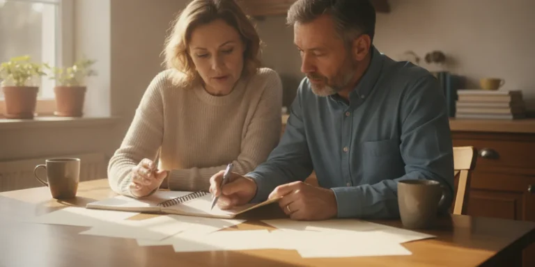 Adult siblings reviewing care notes together at a kitchen table