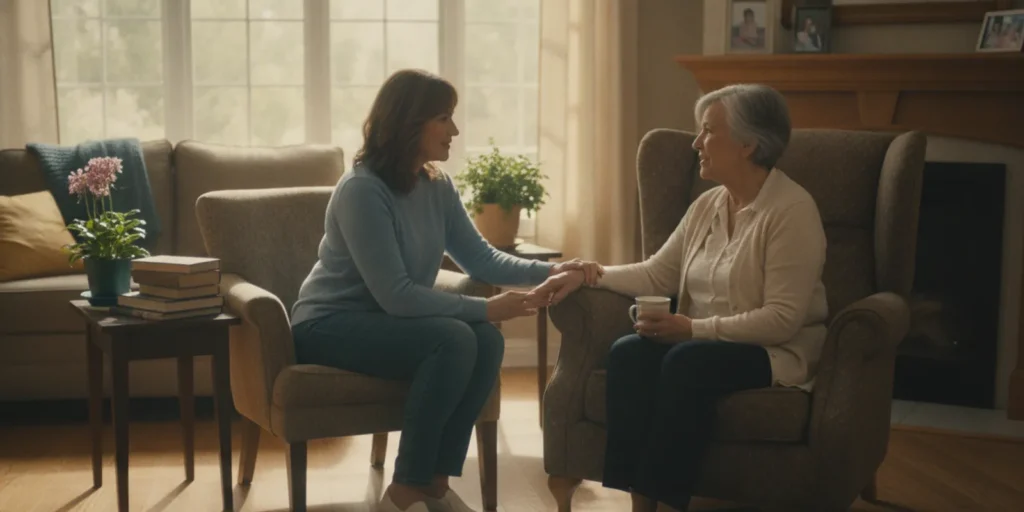 Family members talking with a caregiver in a welcoming senior living home