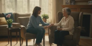Family members talking with a caregiver in a welcoming senior living home