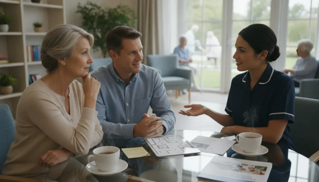 Couple discussing how to choose a dementia care home with staff.