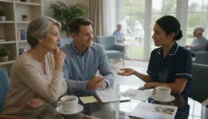 Couple discussing how to choose a dementia care home with staff.