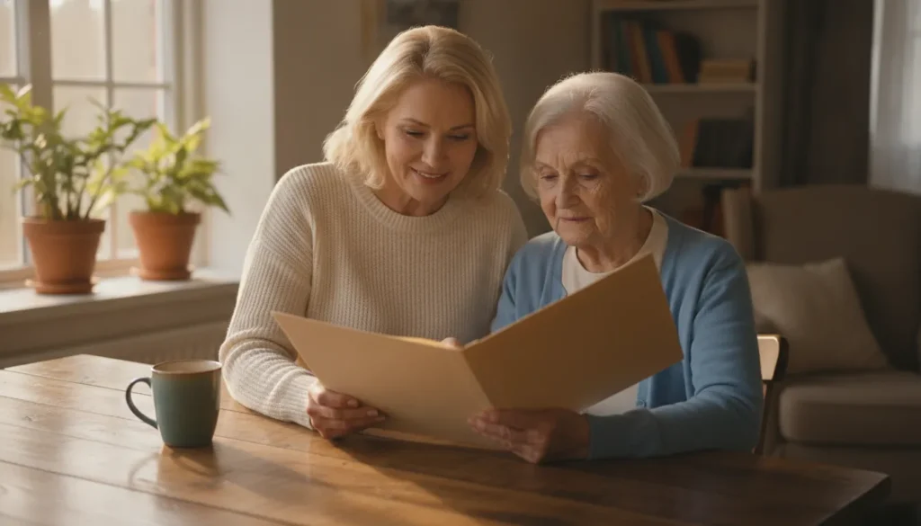 Adult daughter reviewing memory care paperwork with her parent at a kitchen table