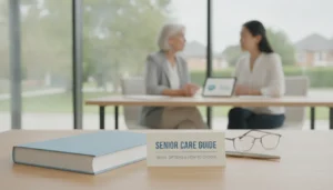 Senior care guidebook and glasses on a table as two women discuss care options.