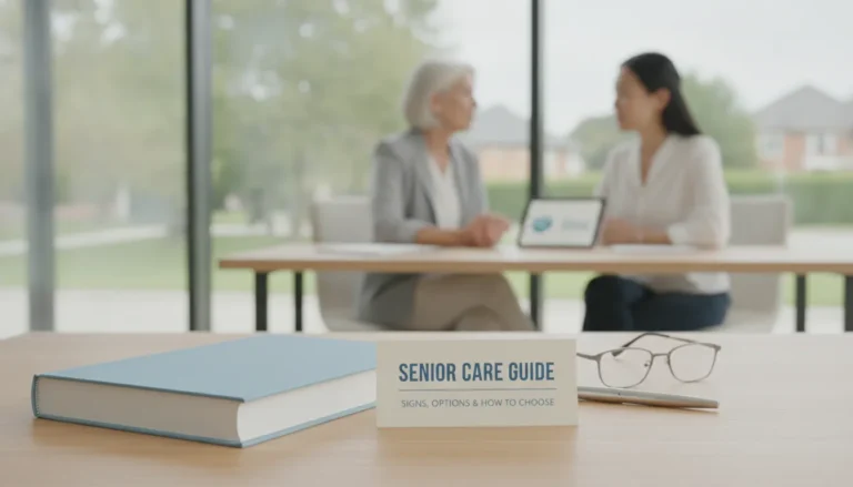Senior care guidebook and glasses on a table as two women discuss care options.