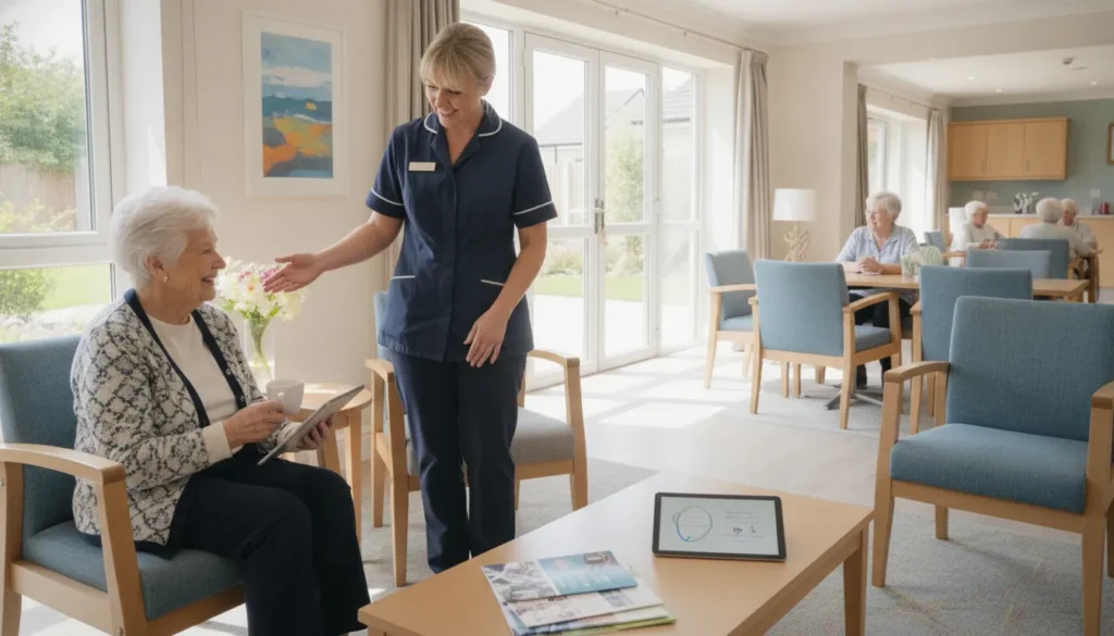 Older woman smiling with a caregiver as residents socialize in an assisted living community.