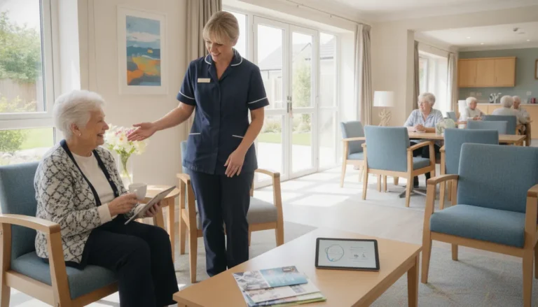 Older woman smiling with a caregiver as residents socialize in an assisted living community.
